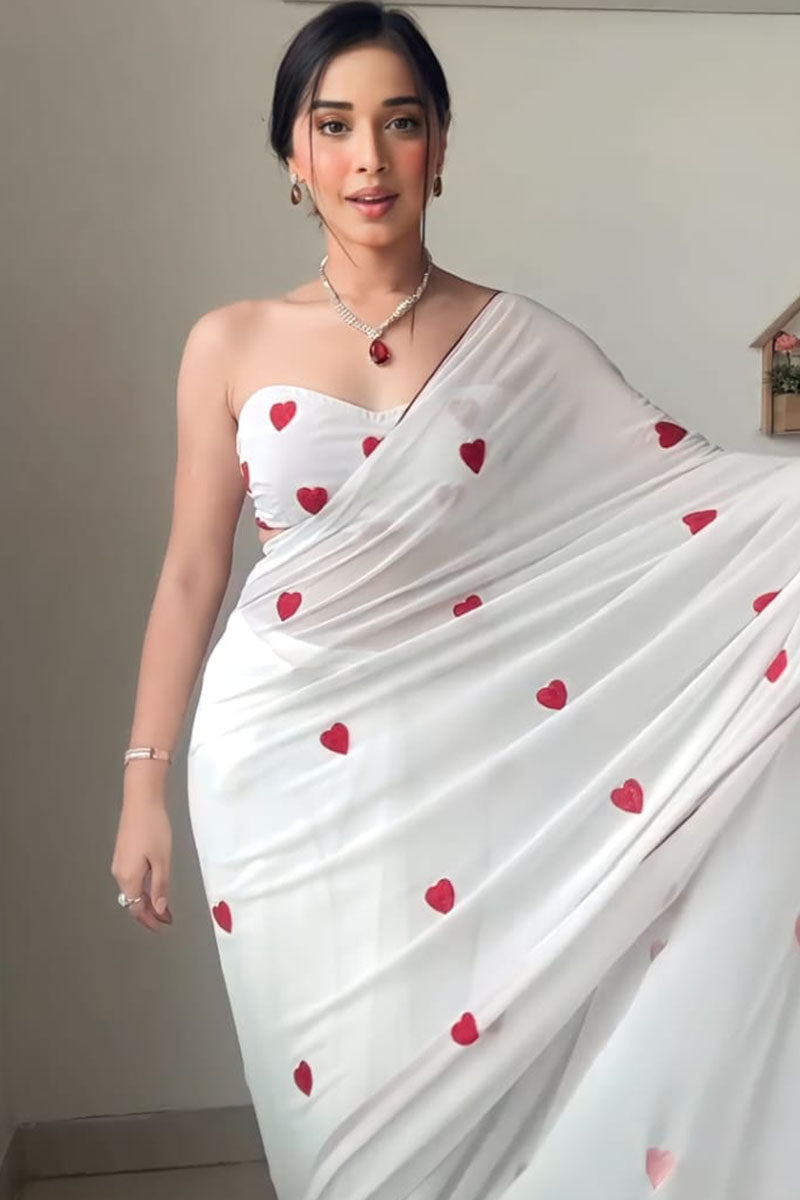 Transcendent 1-Minute Ready To Wear White Georgette Saree