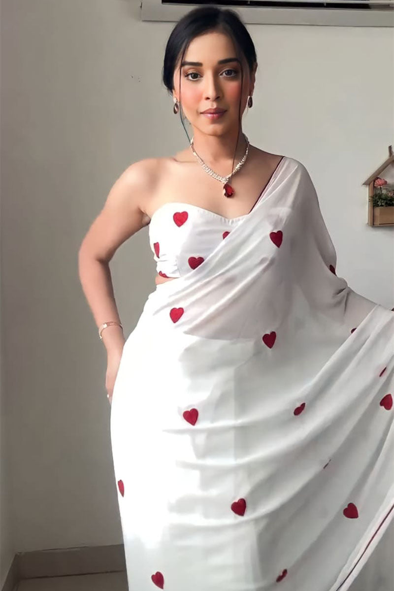Transcendent 1-Minute Ready To Wear White Georgette Saree