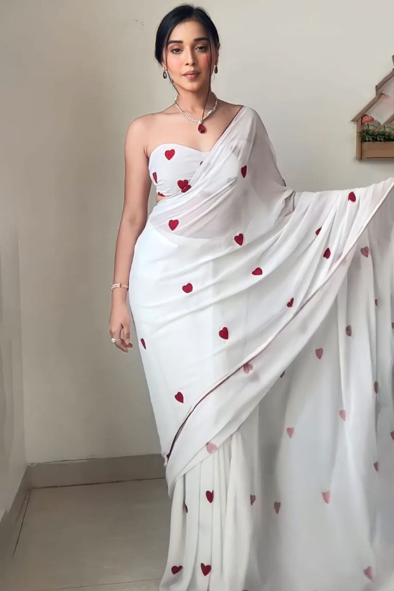 Transcendent 1-Minute Ready To Wear White Georgette Saree