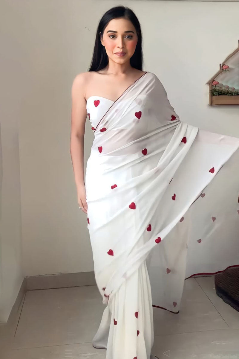 Transcendent 1-Minute Ready To Wear White Georgette Saree