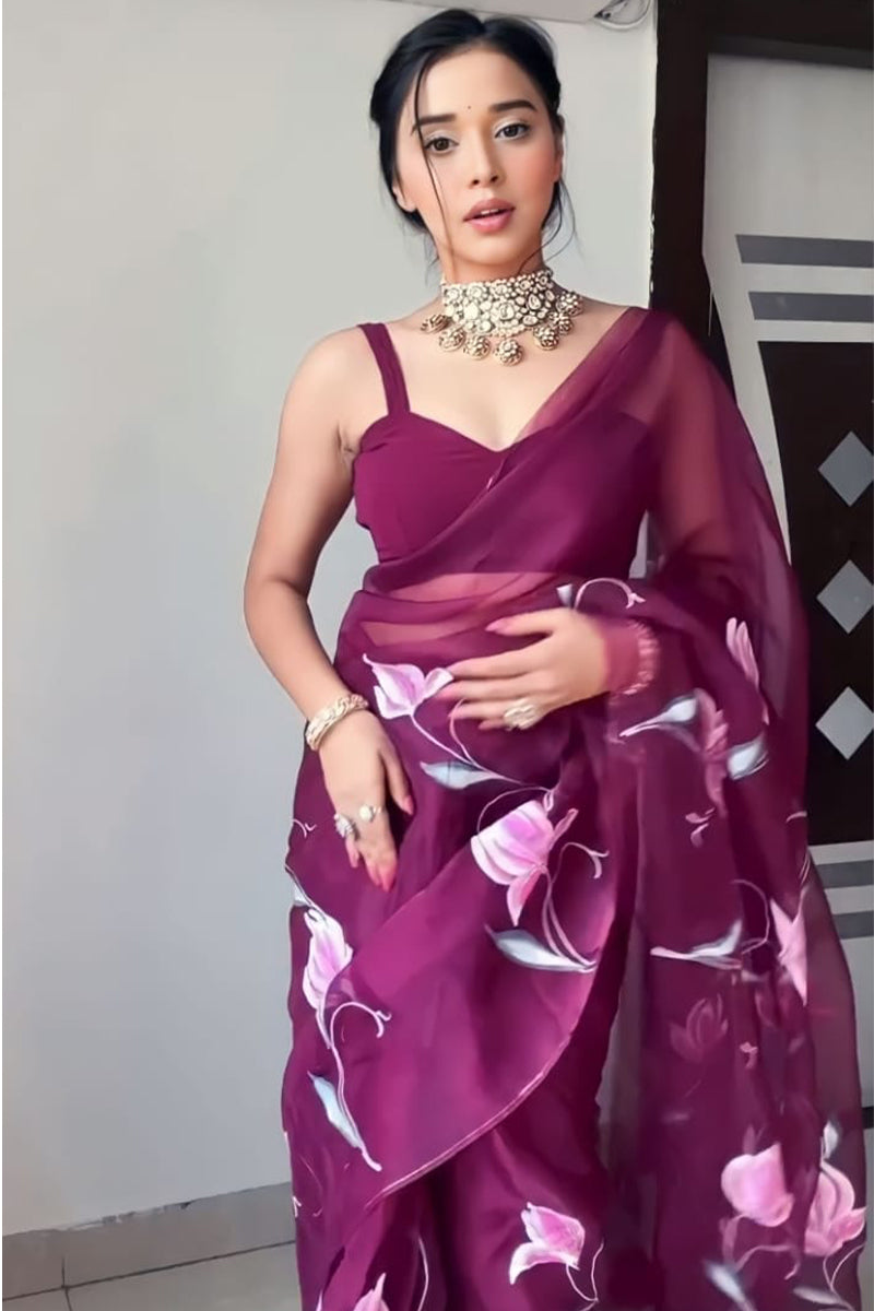 Most Adorning 1-Minute Ready To Wear Wine Organza Silk Saree