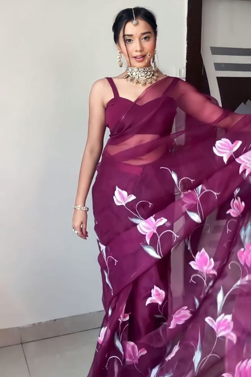 Most Adorning 1-Minute Ready To Wear Wine Organza Silk Saree