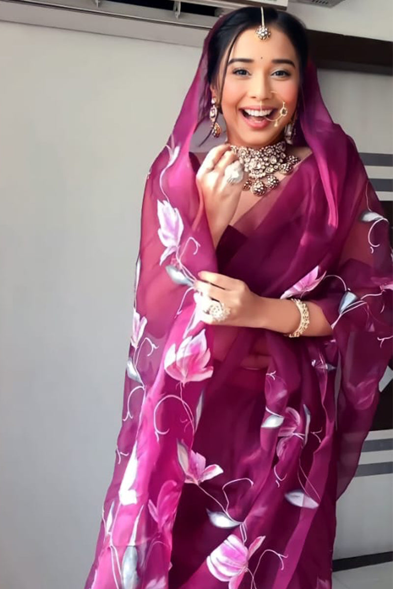 Most Adorning 1-Minute Ready To Wear Wine Organza Silk Saree