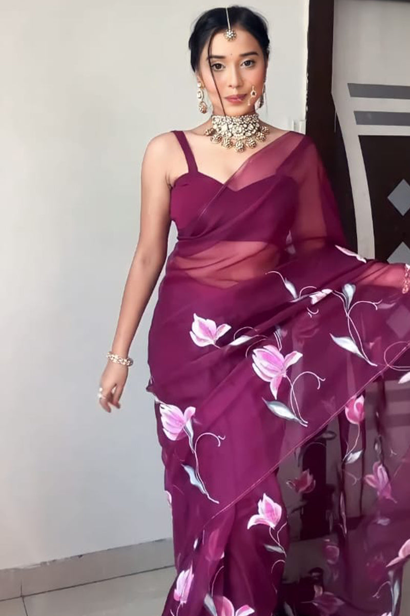 Most Adorning 1-Minute Ready To Wear Wine Organza Silk Saree