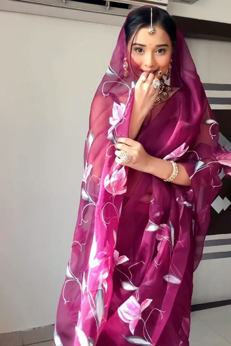 Most Adorning 1-Minute Ready To Wear Wine Organza Silk Saree
