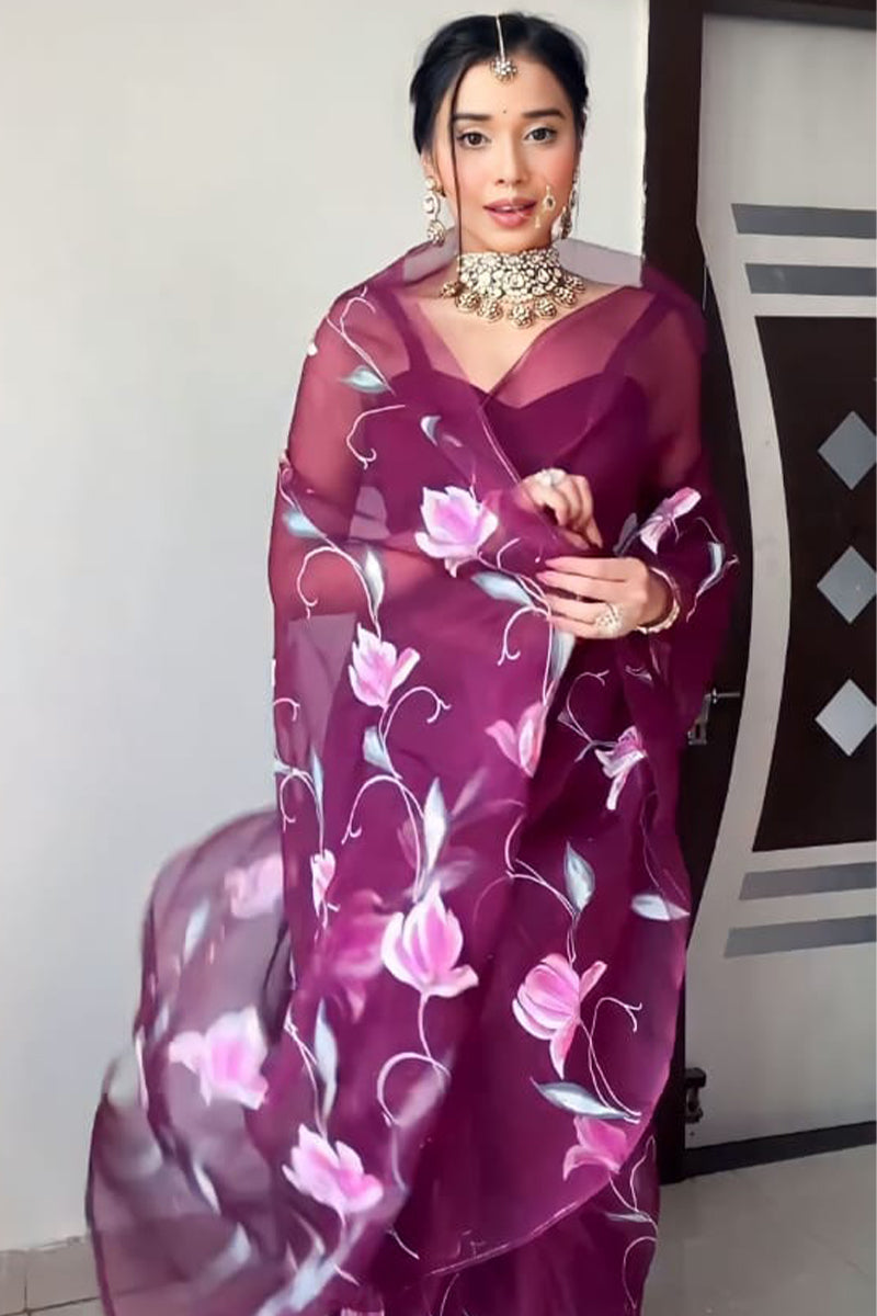 Most Adorning 1-Minute Ready To Wear Wine Organza Silk Saree