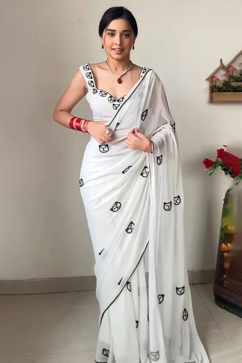 Propinquity 1-Minute Ready To Wear White Georgette Saree