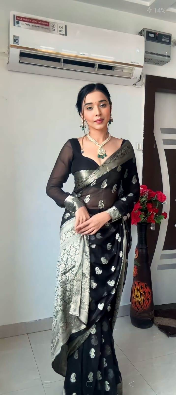Splendiferous 1-Minute Ready To Wear Black Cotton Silk Saree
