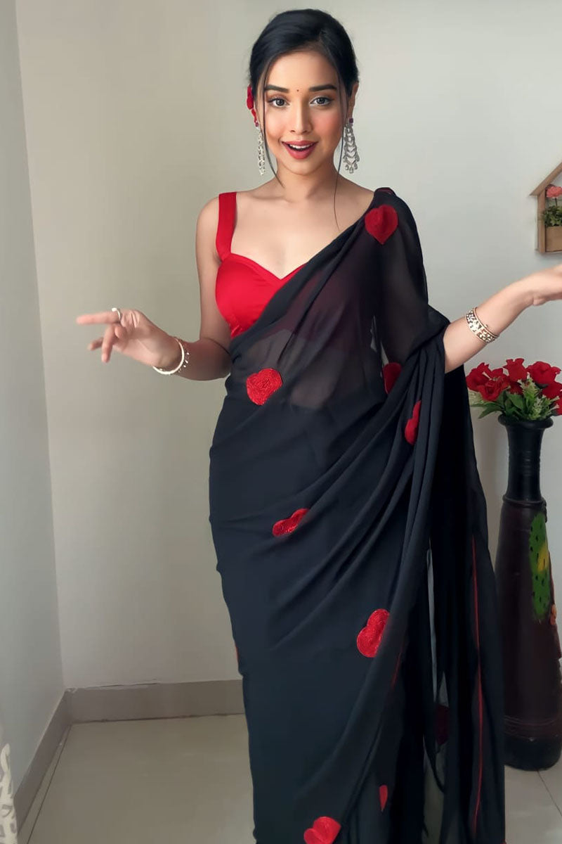 Vestigial 1-Minute Ready To Wear Black Georgette Saree