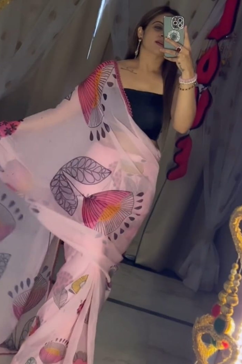 Amazing 1-Minute Ready To Wear Pink Printed Georgette Saree