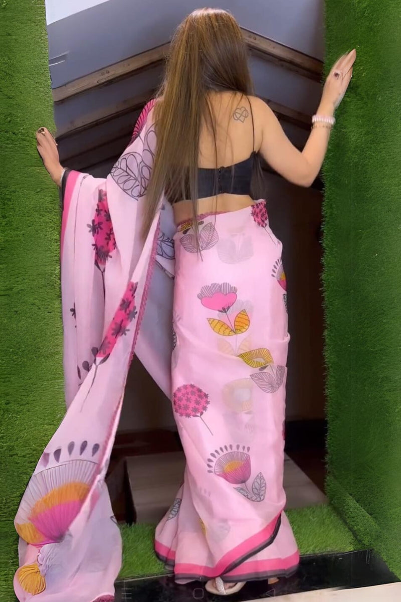 Amazing 1-Minute Ready To Wear Pink Printed Georgette Saree