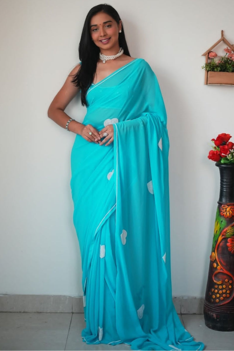 Groovy 1-Minute Ready To Wear Sky Georgette Saree