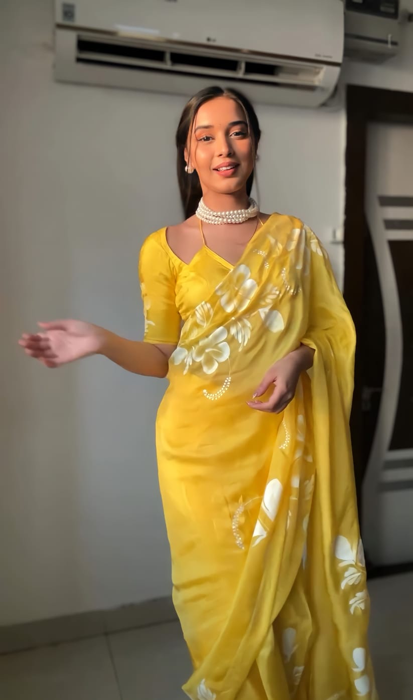Engrossing 1-Minute Ready To Wear Yellow Georgette Saree