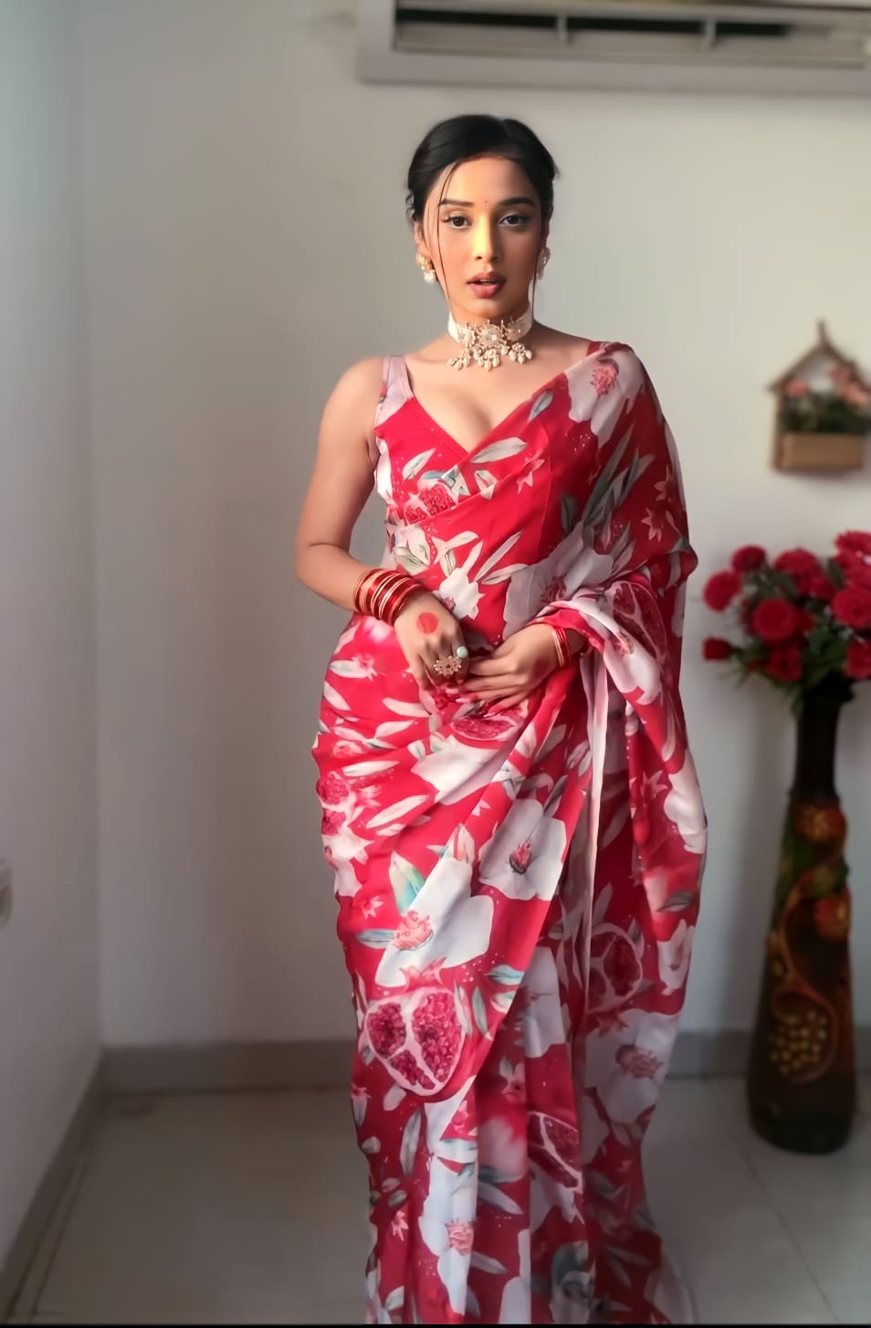 Enigmatic 1-Minute Ready To Wear Red Georgette Saree