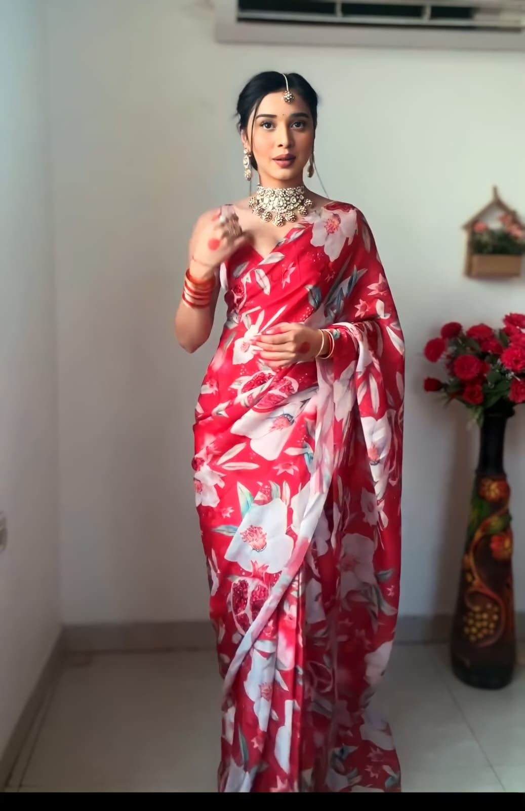 Enigmatic 1-Minute Ready To Wear Red Georgette Saree