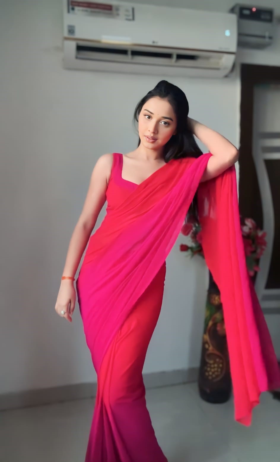 Trendy 1-Minute Ready To Wear Red and Pink Georgette Saree