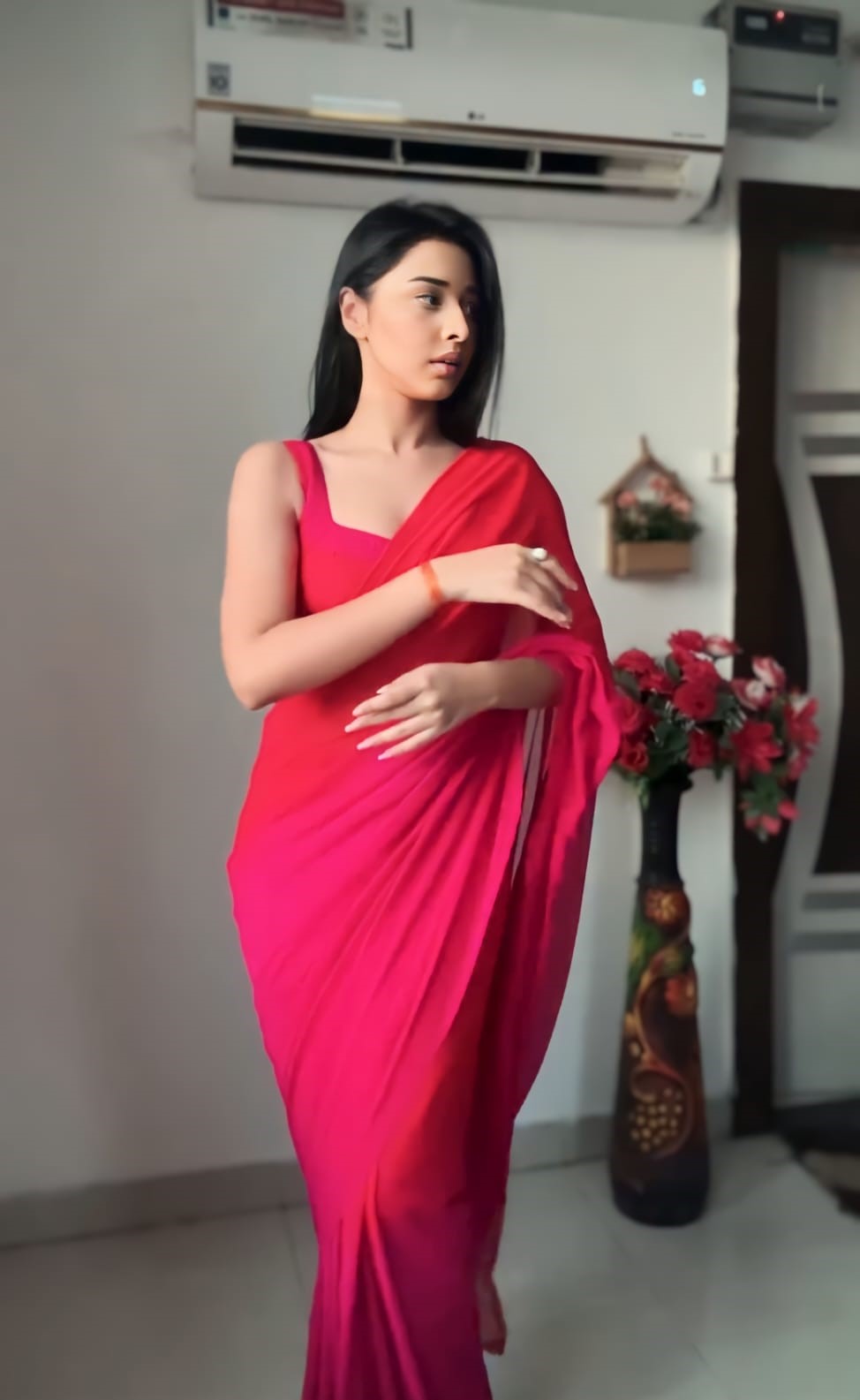 Trendy 1-Minute Ready To Wear Red and Pink Georgette Saree