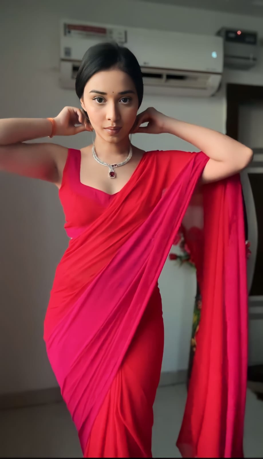 Trendy 1-Minute Ready To Wear Red and Pink Georgette Saree