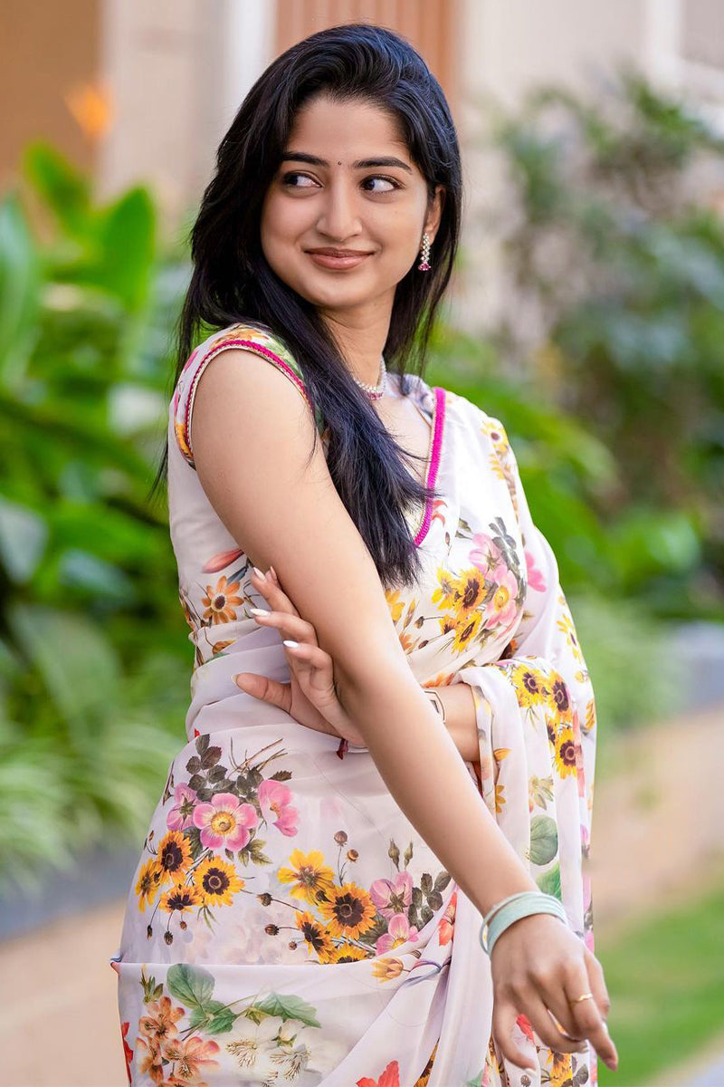 Effulgent 1-Minute Ready To Wear White Georgette Saree