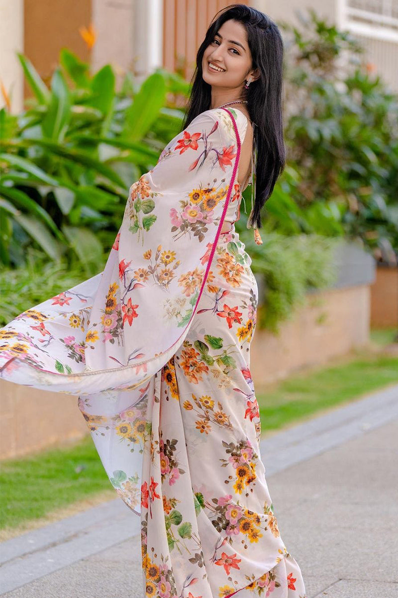 Effulgent 1-Minute Ready To Wear White Georgette Saree