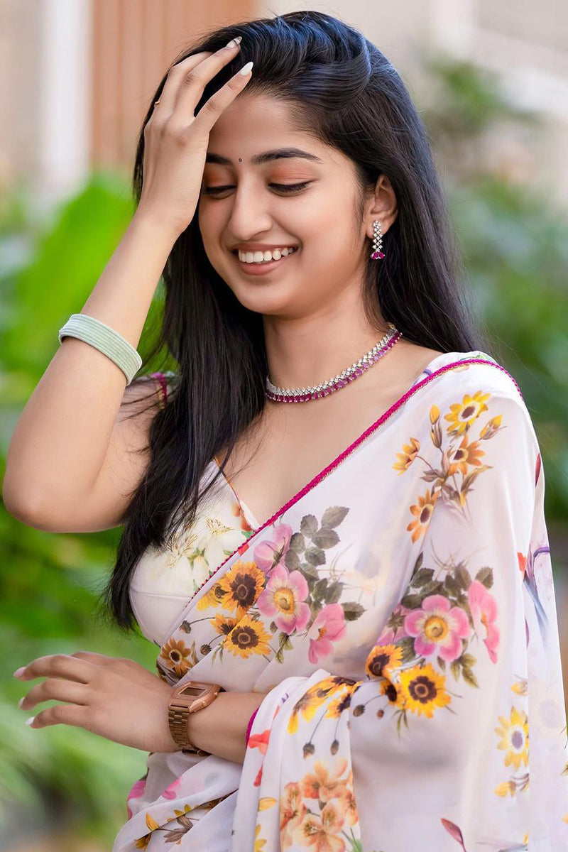 Effulgent 1-Minute Ready To Wear White Georgette Saree