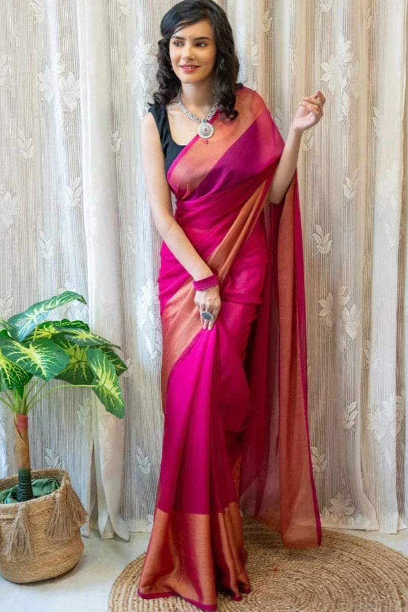 Staggering 1-Minute Ready To Wear Dark Pink Chiffon Silk Saree
