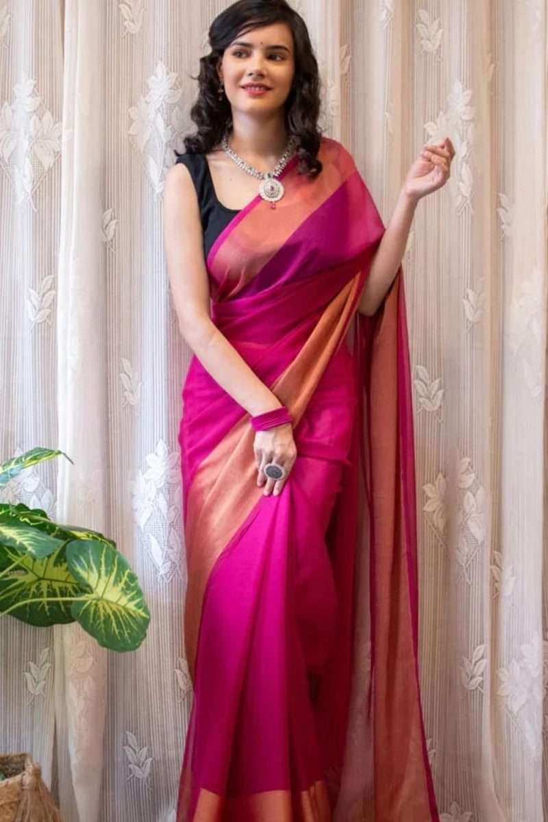 Staggering 1-Minute Ready To Wear Dark Pink Chiffon Silk Saree