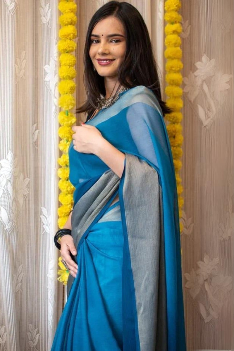 Ebullience 1-Minute Ready To Wear Firozi Chiffon Silk Saree