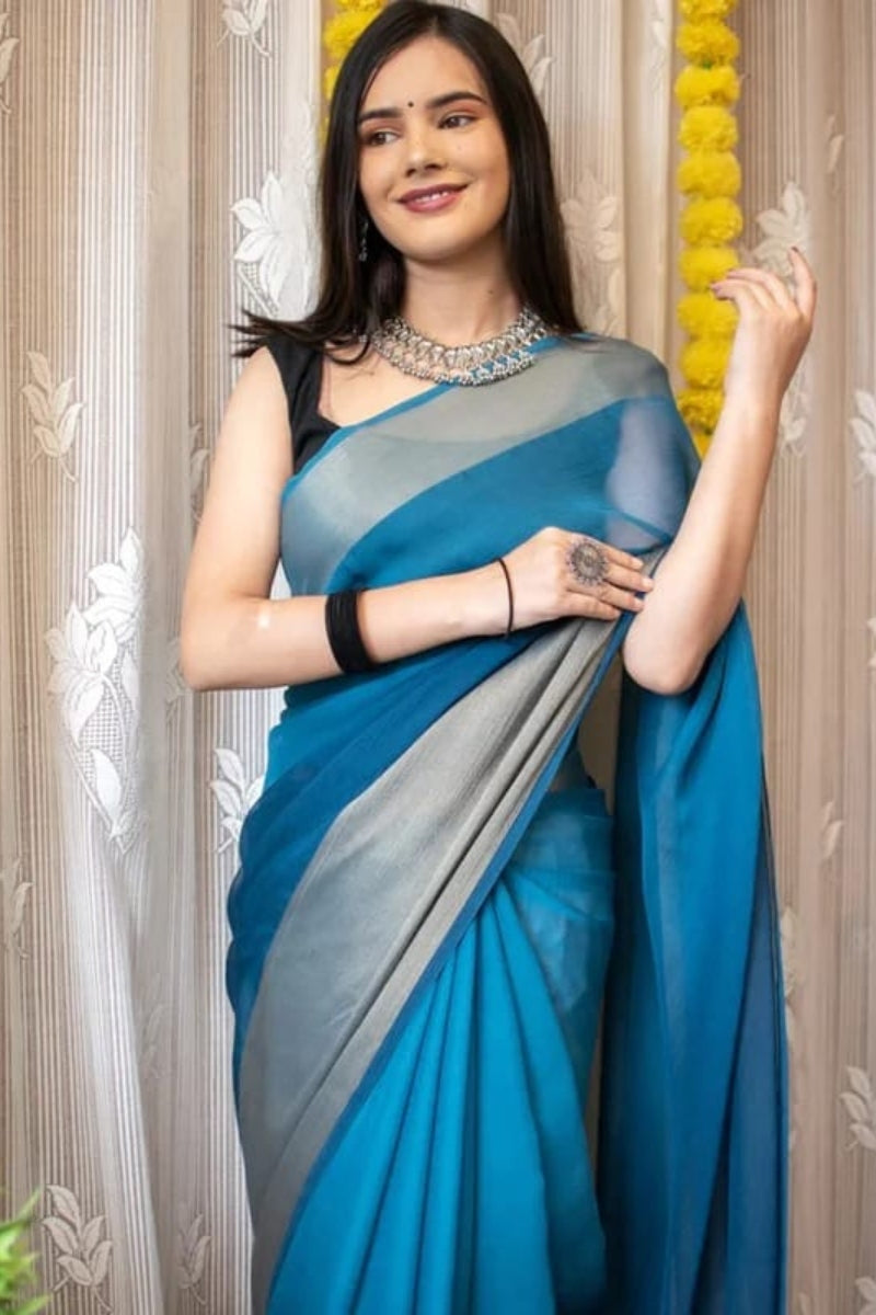 Ebullience 1-Minute Ready To Wear Firozi Chiffon Silk Saree