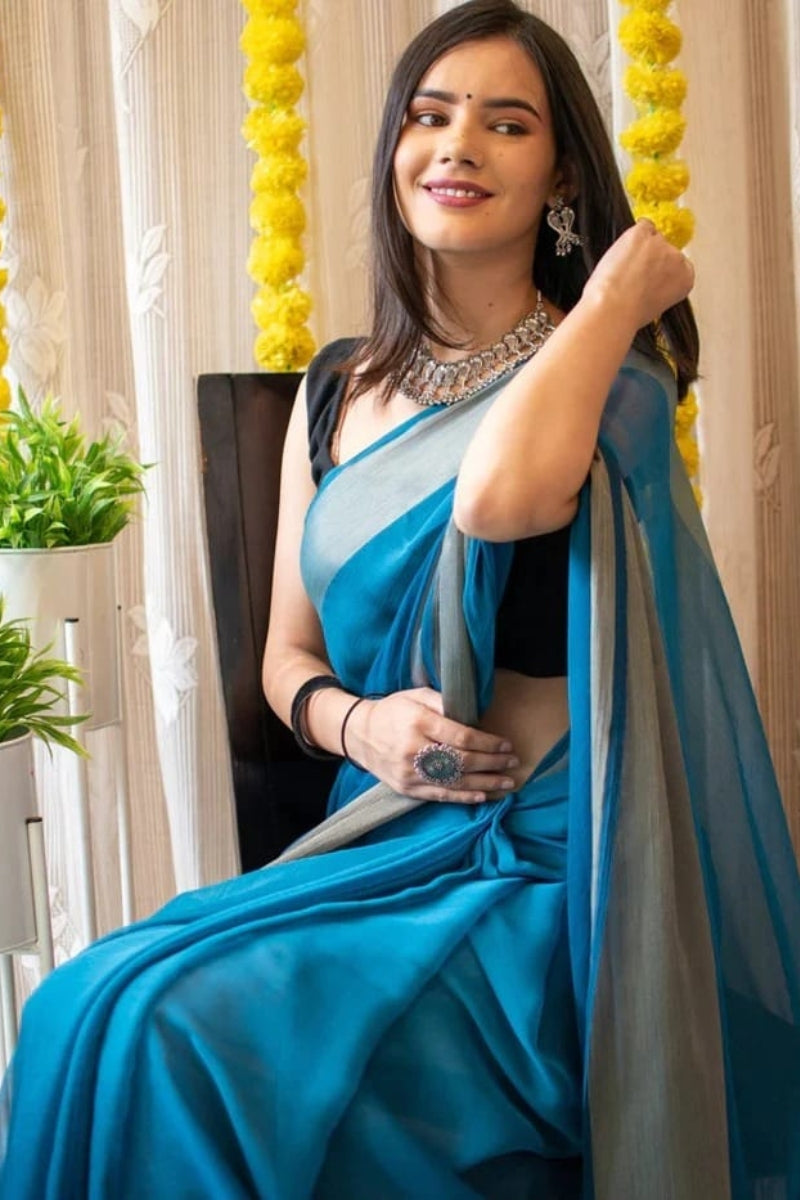 Ebullience 1-Minute Ready To Wear Firozi Chiffon Silk Saree