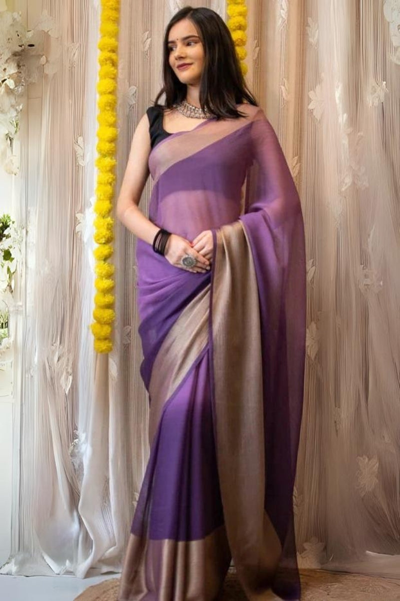 Assemblage 1-Minute Ready To Wear Lavender Chiffon Silk Saree