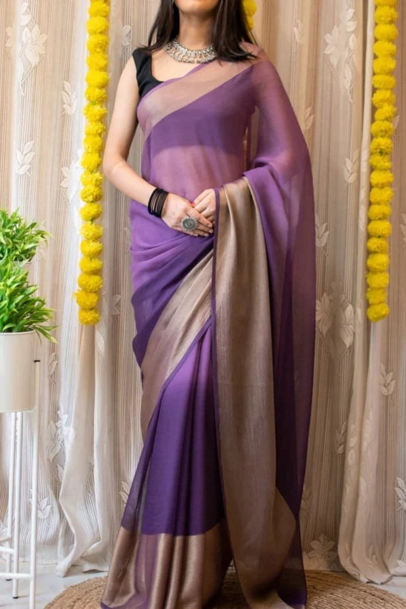Assemblage 1-Minute Ready To Wear Lavender Chiffon Silk Saree