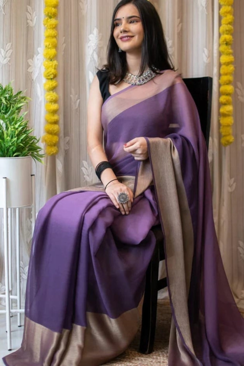 Assemblage 1-Minute Ready To Wear Lavender Chiffon Silk Saree