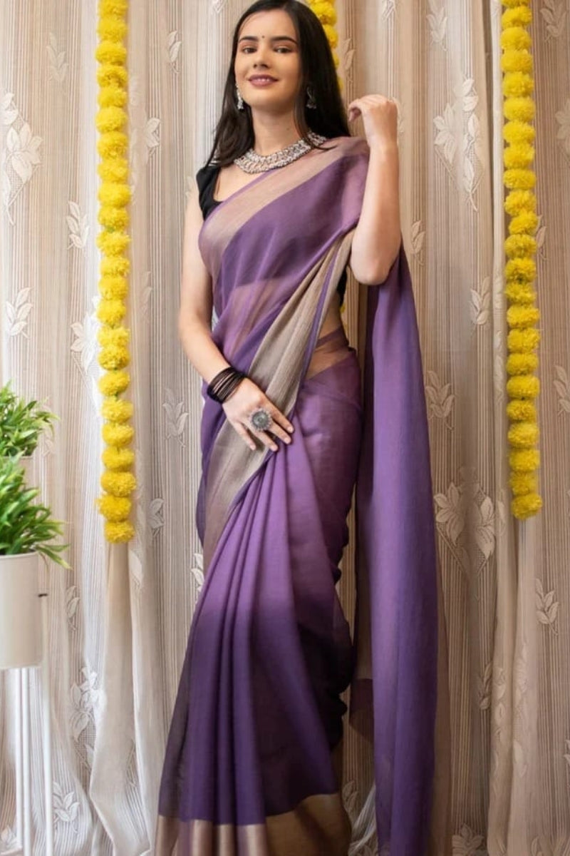 Assemblage 1-Minute Ready To Wear Lavender Chiffon Silk Saree