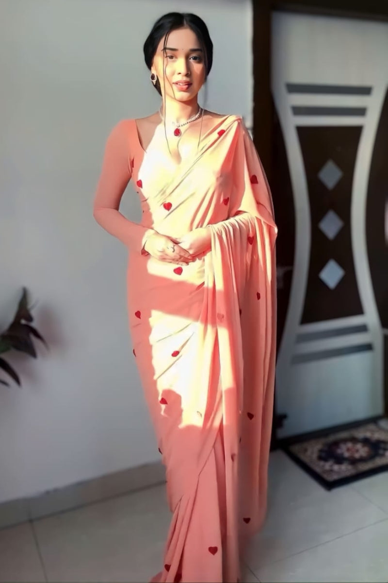 Enchanting 1-Minute Ready To Wear Peach Georgette Saree