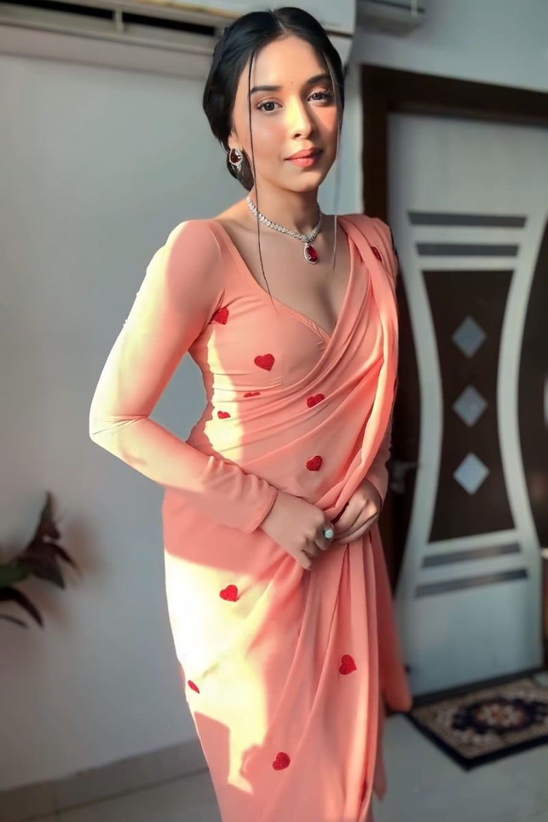 Enchanting 1-Minute Ready To Wear Peach Georgette Saree
