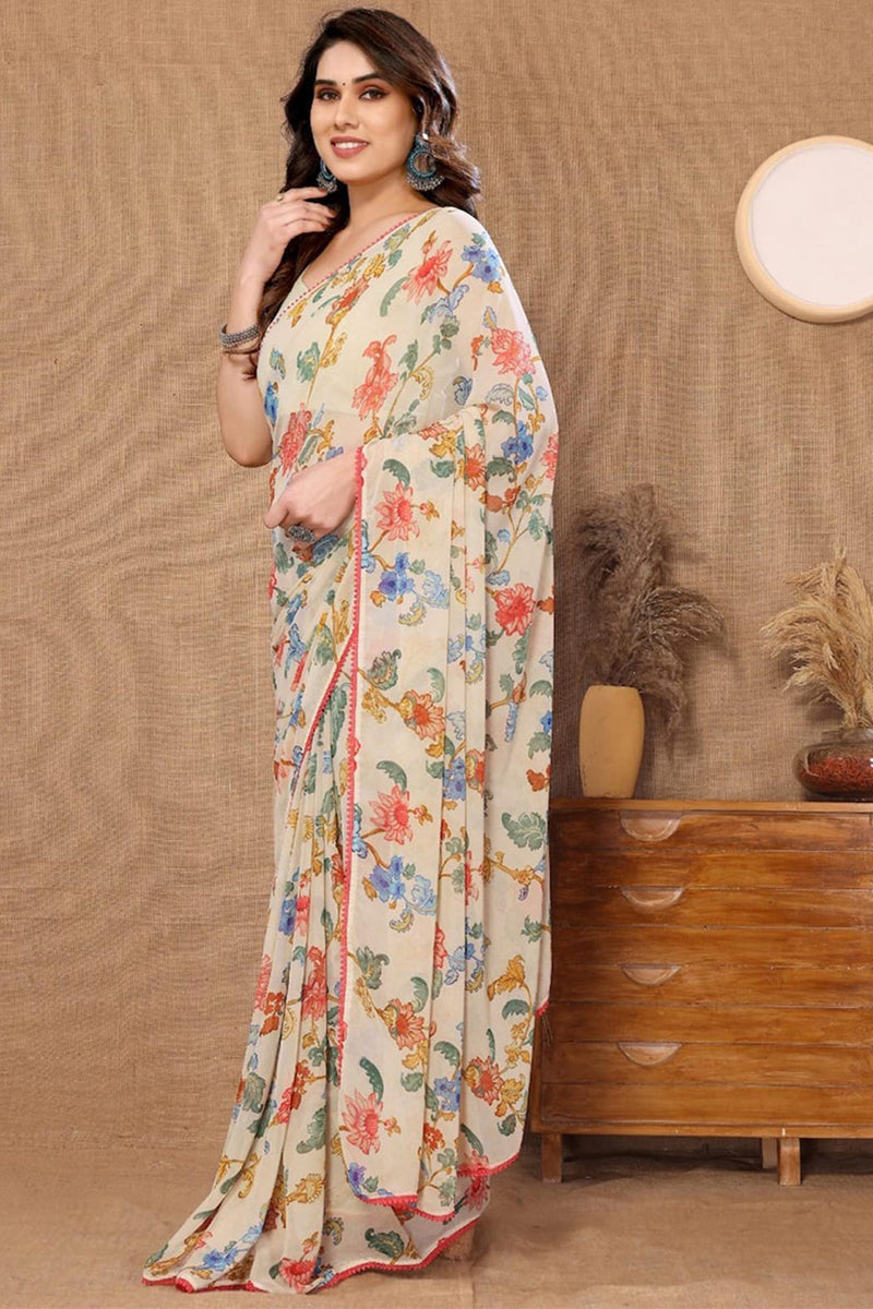 Twirling 1-Minute Ready To Wear Beige Georgette Saree