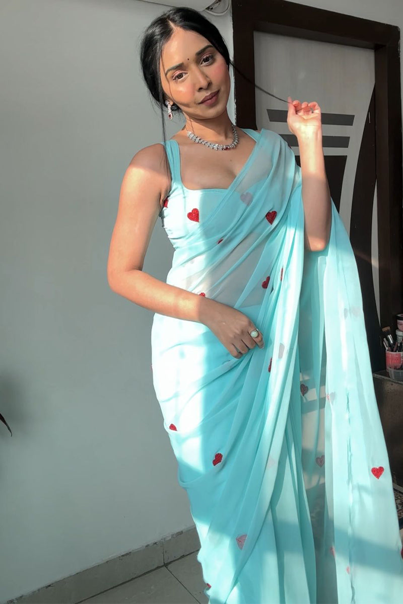Elegant 1-Minute Ready To Wear Sky Georgette Saree
