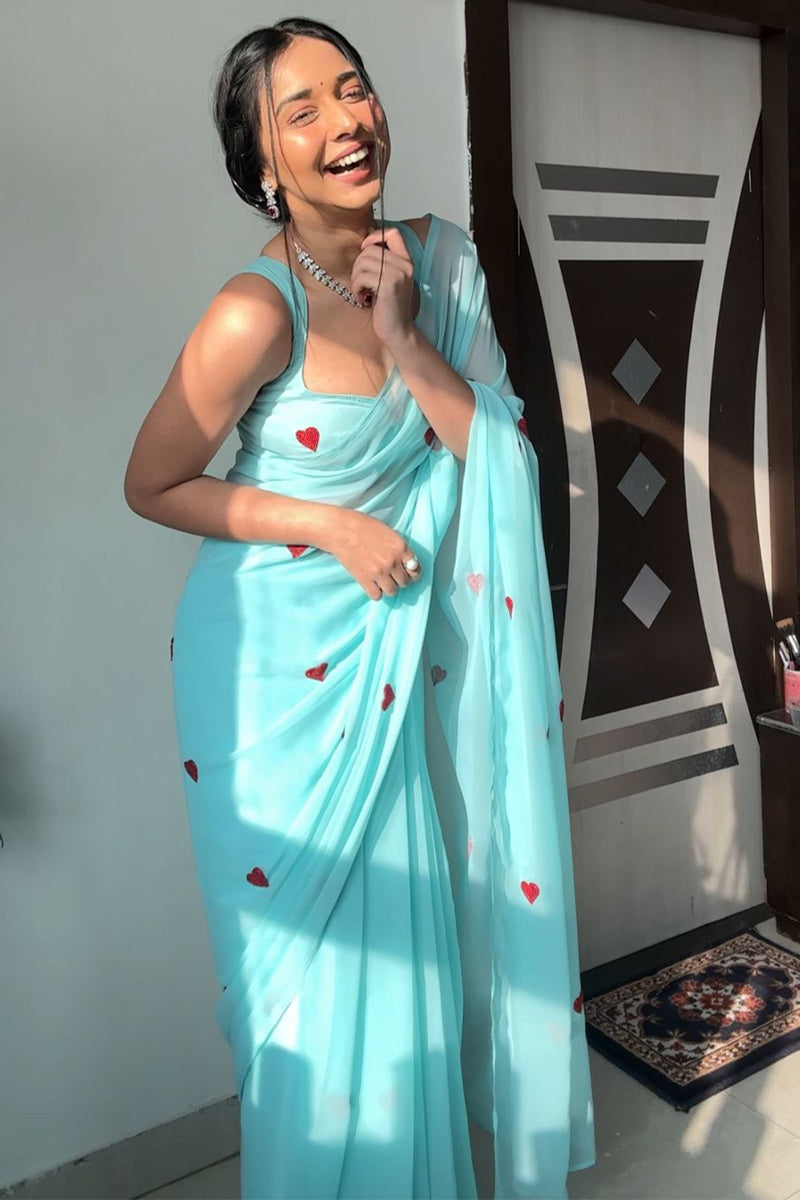 Elegant 1-Minute Ready To Wear Sky Georgette Saree