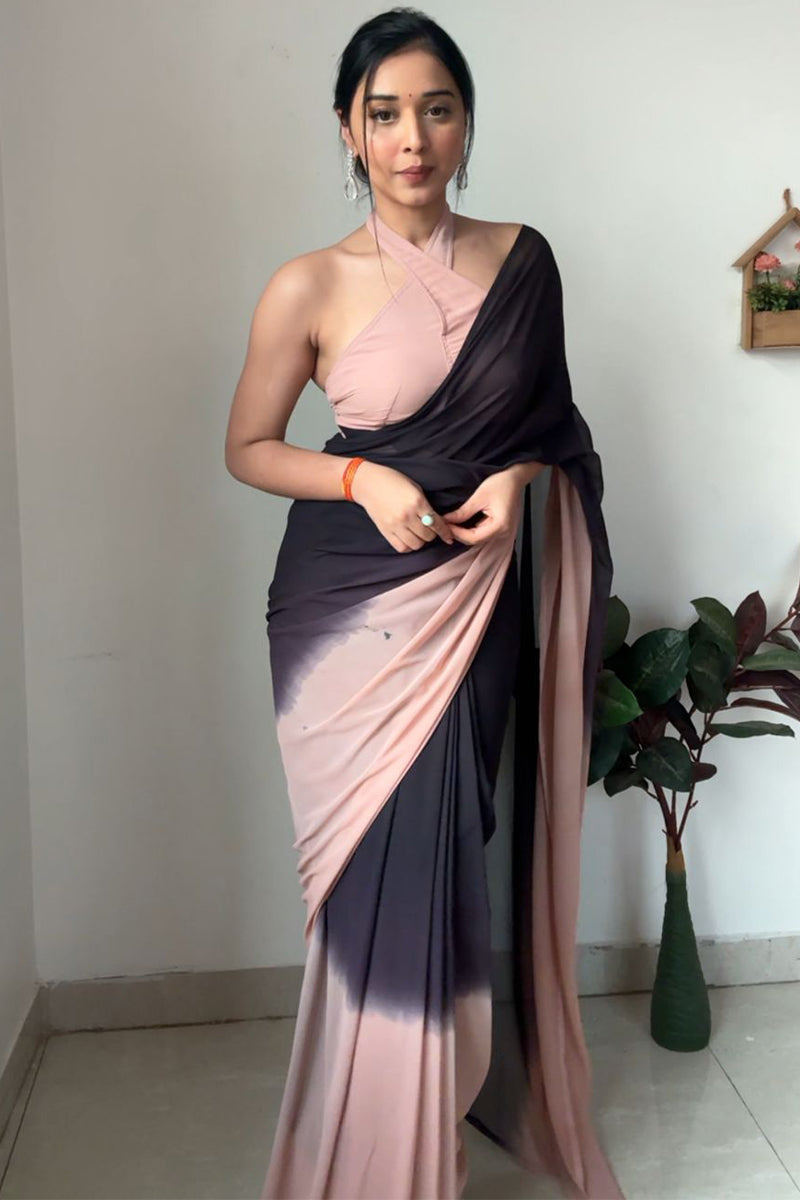 Majestic 1-Minute Ready To Wear Black and Peach Georgette Saree