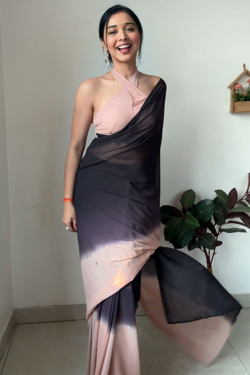 Majestic 1-Minute Ready To Wear Black and Peach Georgette Saree