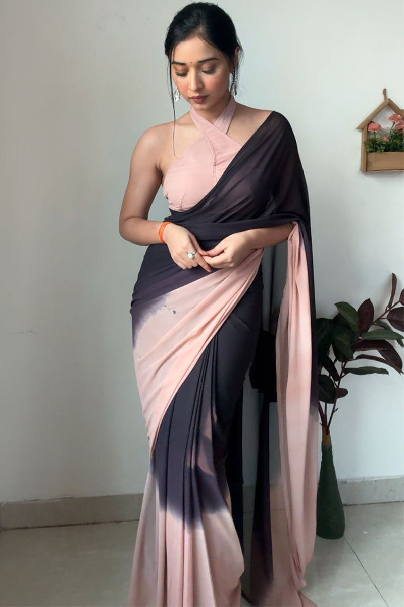 Majestic 1-Minute Ready To Wear Black and Peach Georgette Saree