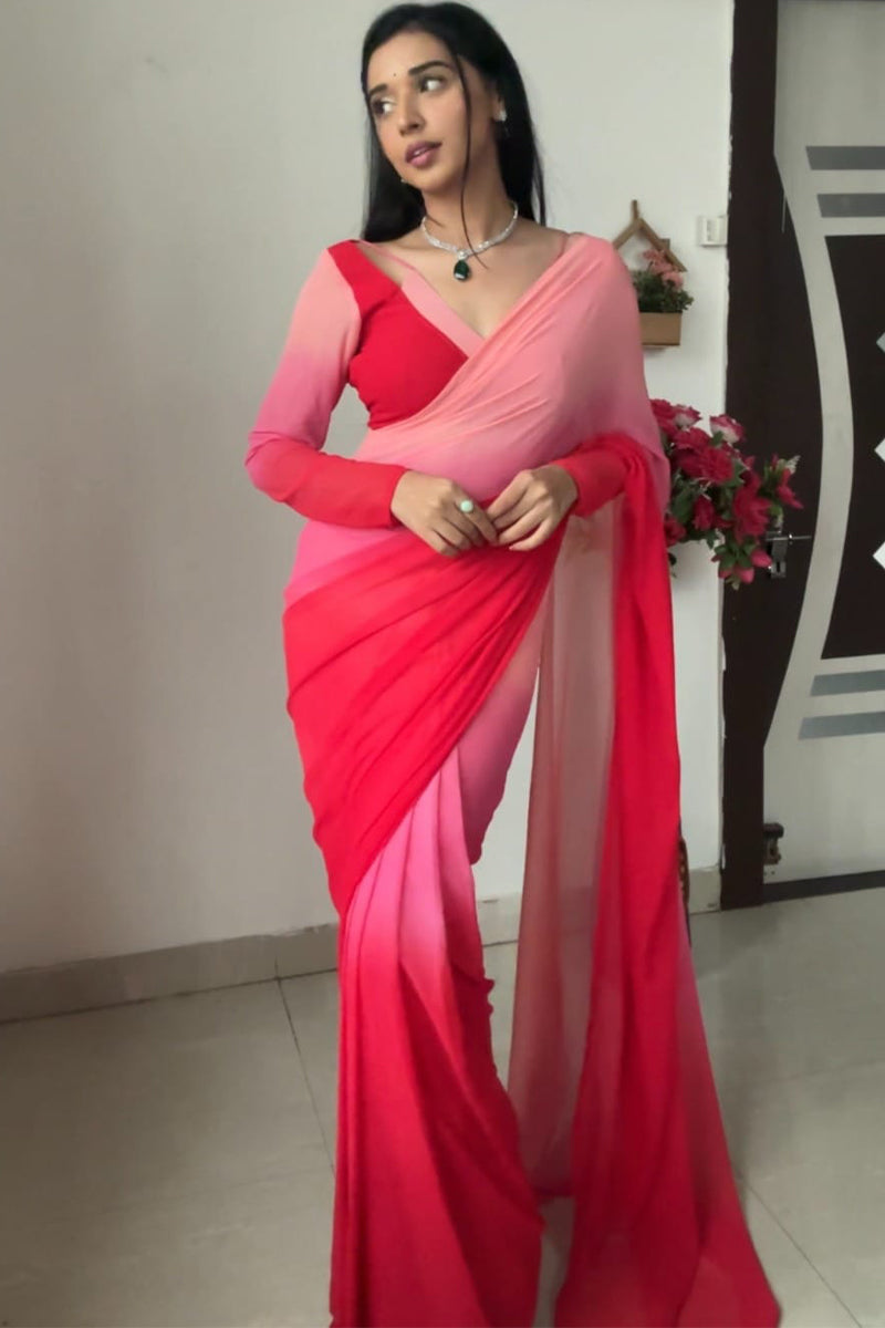 Traditional 1-Minute Ready To Wear Red and Baby Pink Georgette Saree