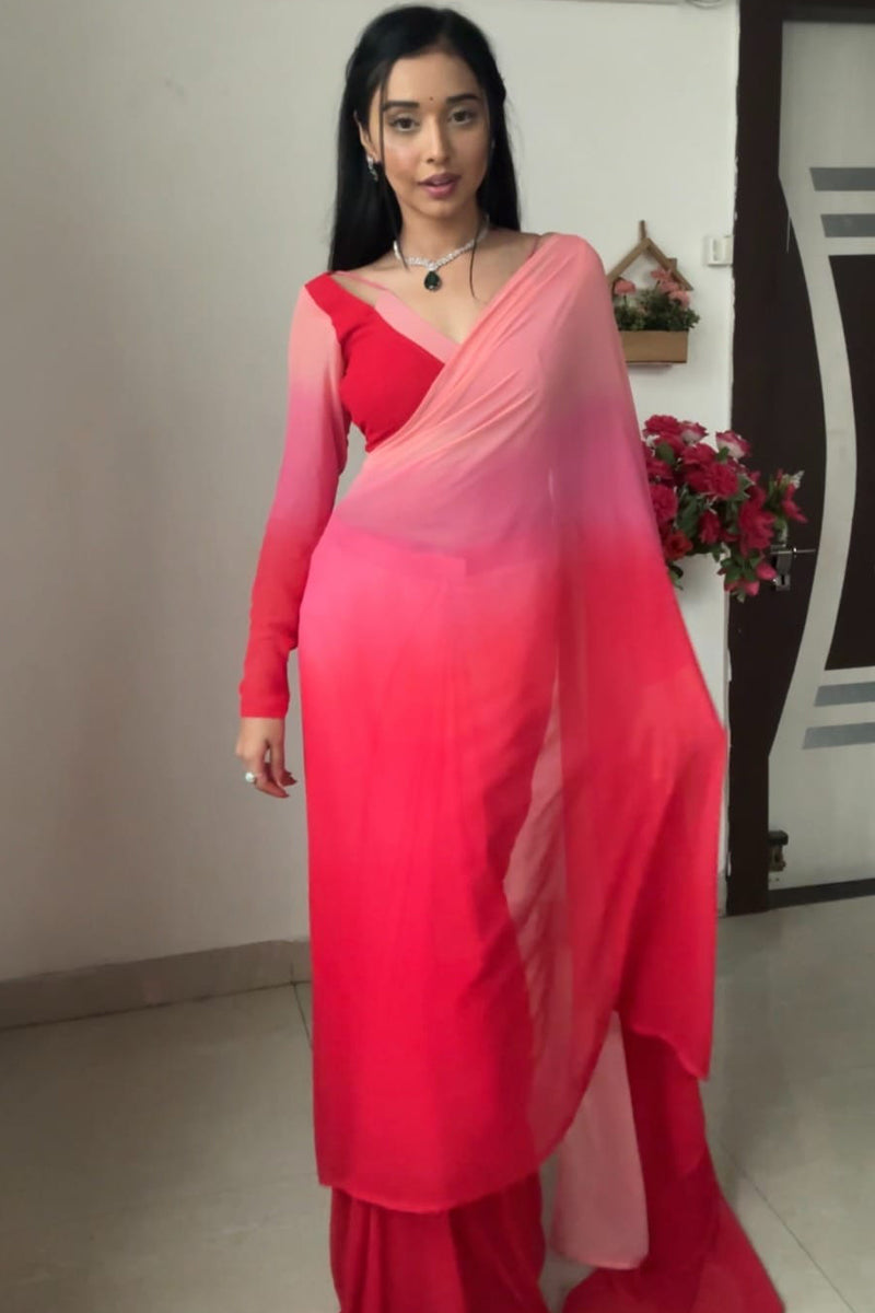 Traditional 1-Minute Ready To Wear Red and Baby Pink Georgette Saree