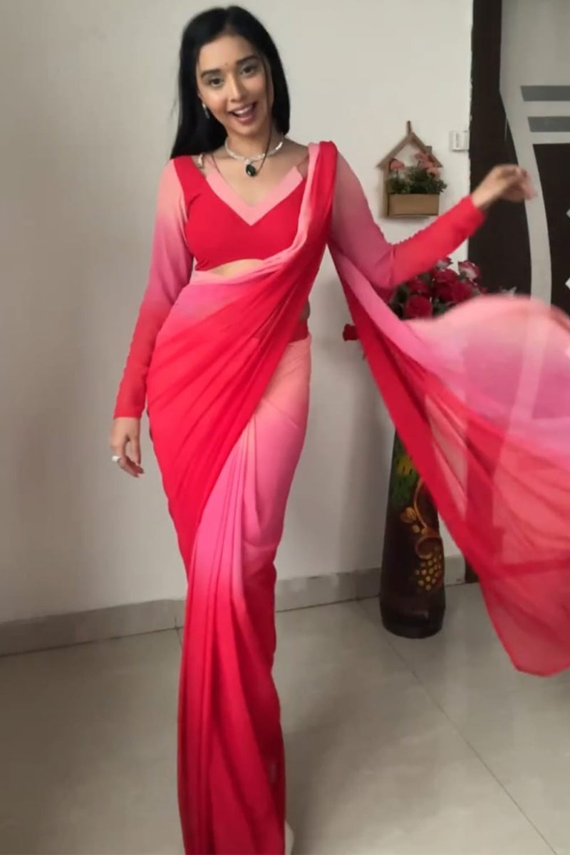 Traditional 1-Minute Ready To Wear Red and Baby Pink Georgette Saree