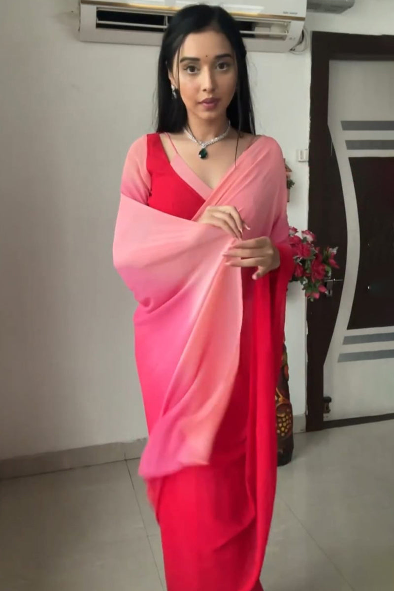 Traditional 1-Minute Ready To Wear Red and Baby Pink Georgette Saree