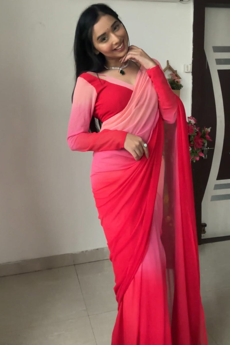 Traditional 1-Minute Ready To Wear Red and Baby Pink Georgette Saree