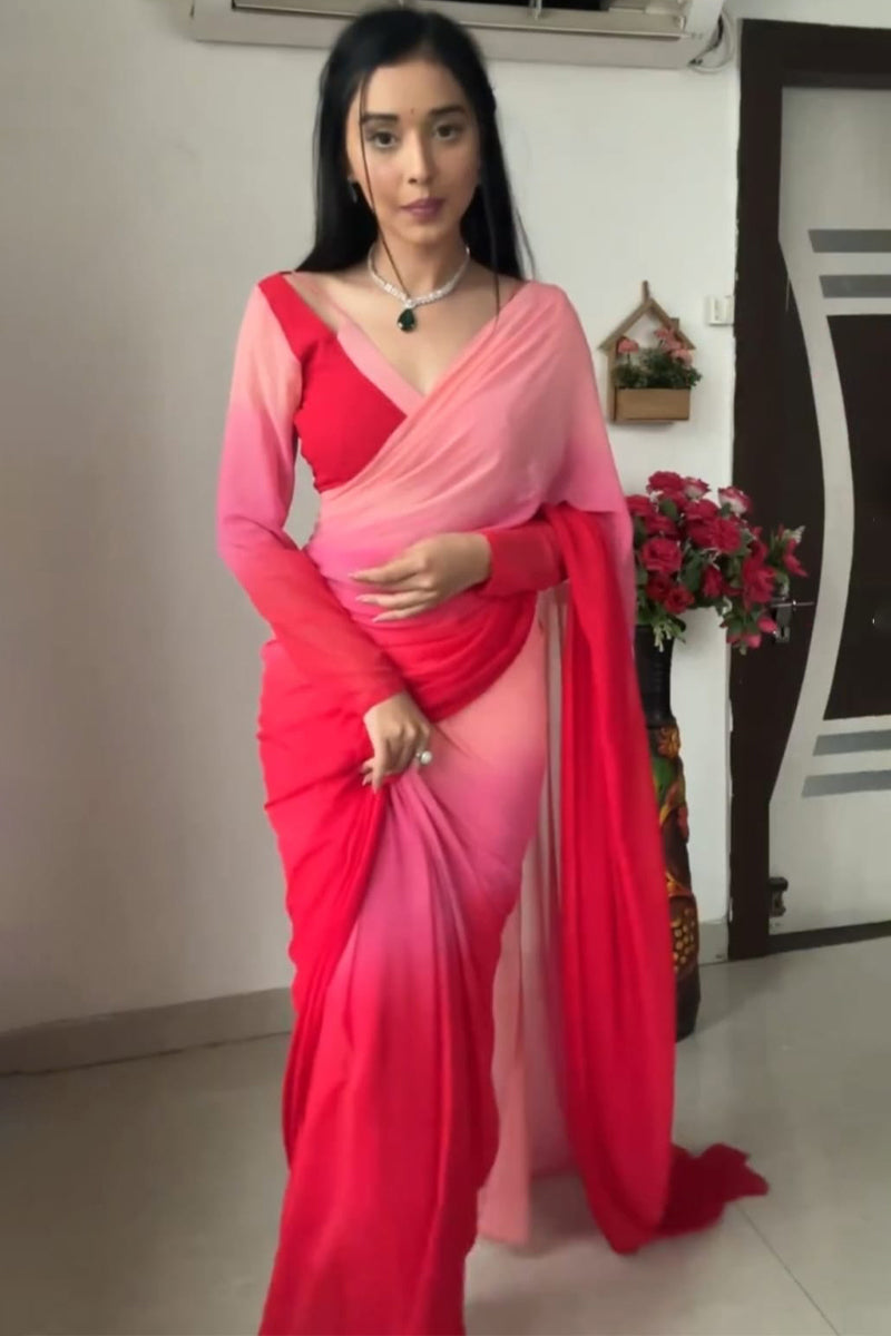 Traditional 1-Minute Ready To Wear Red and Baby Pink Georgette Saree