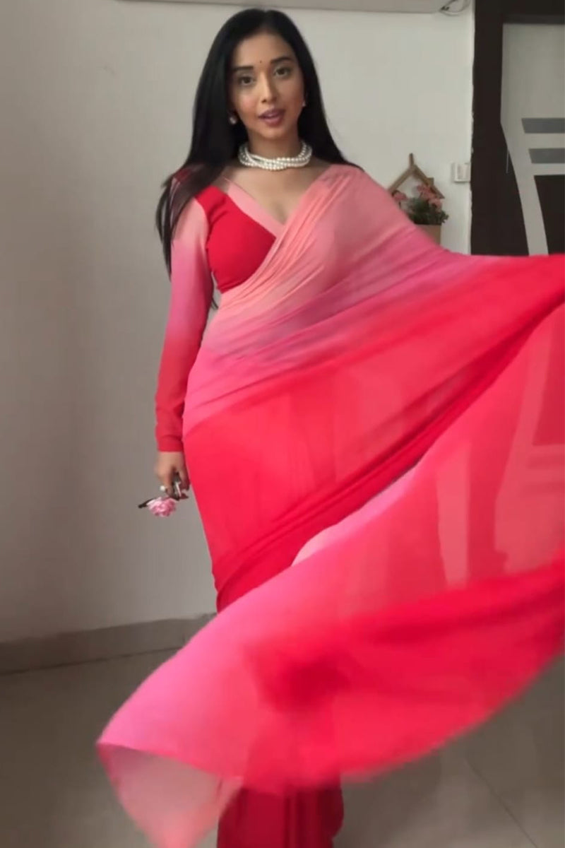 Traditional 1-Minute Ready To Wear Red and Baby Pink Georgette Saree