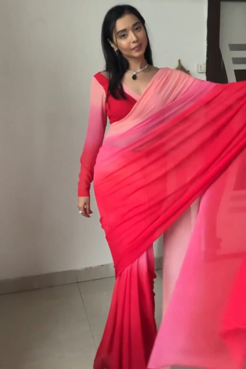 Traditional 1-Minute Ready To Wear Red and Baby Pink Georgette Saree